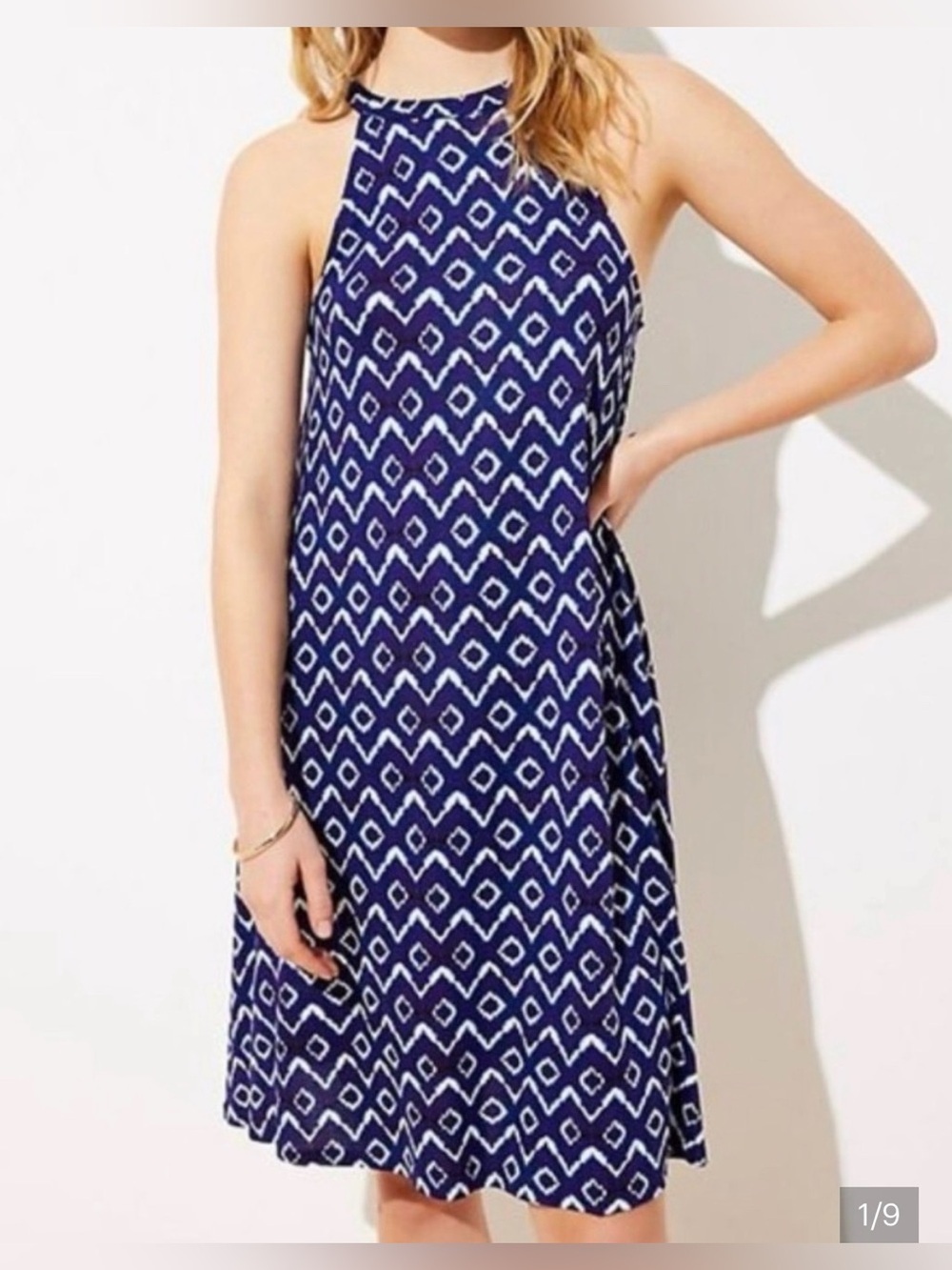 Loft XS Navy Geometric Halter Summer Dress